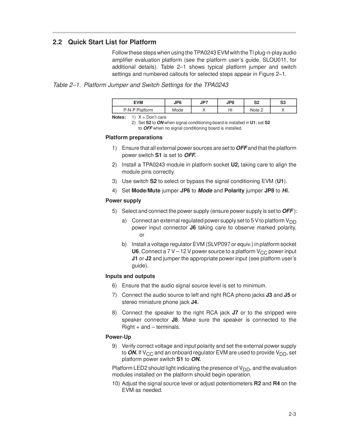 Texas Instruments manual Quick Start List for Platform, ±1. Platform Jumper and Switch Settings for the TPA0243 