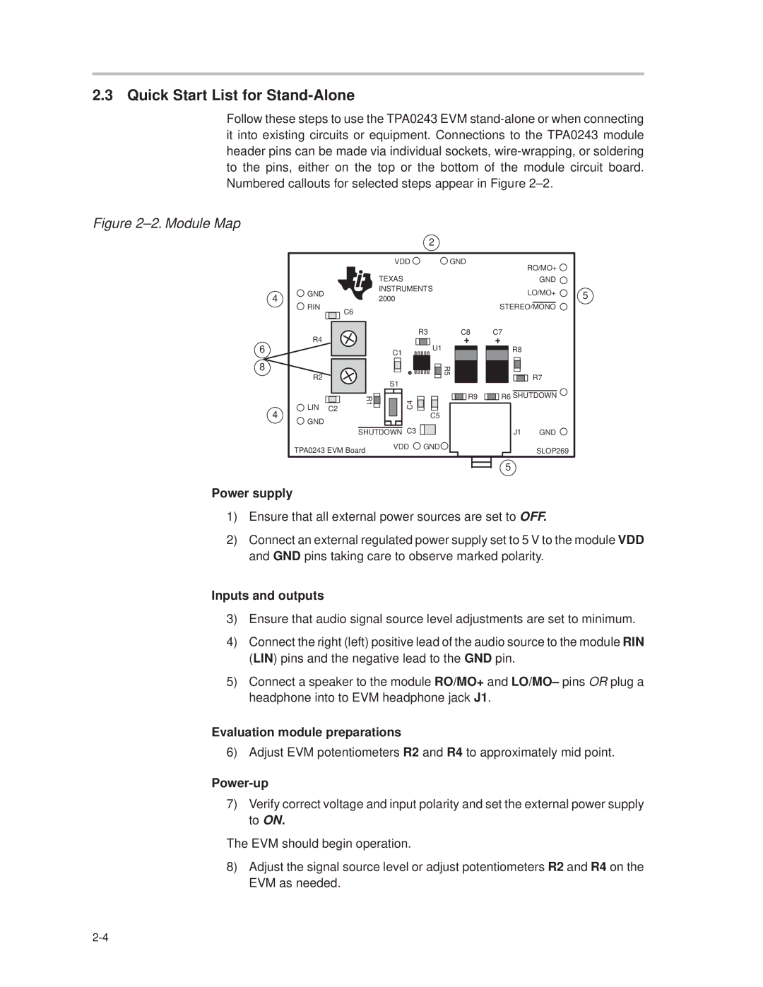 Texas Instruments TPA0243 manual Quick Start List for Stand-Alone, ±2. Module Map 