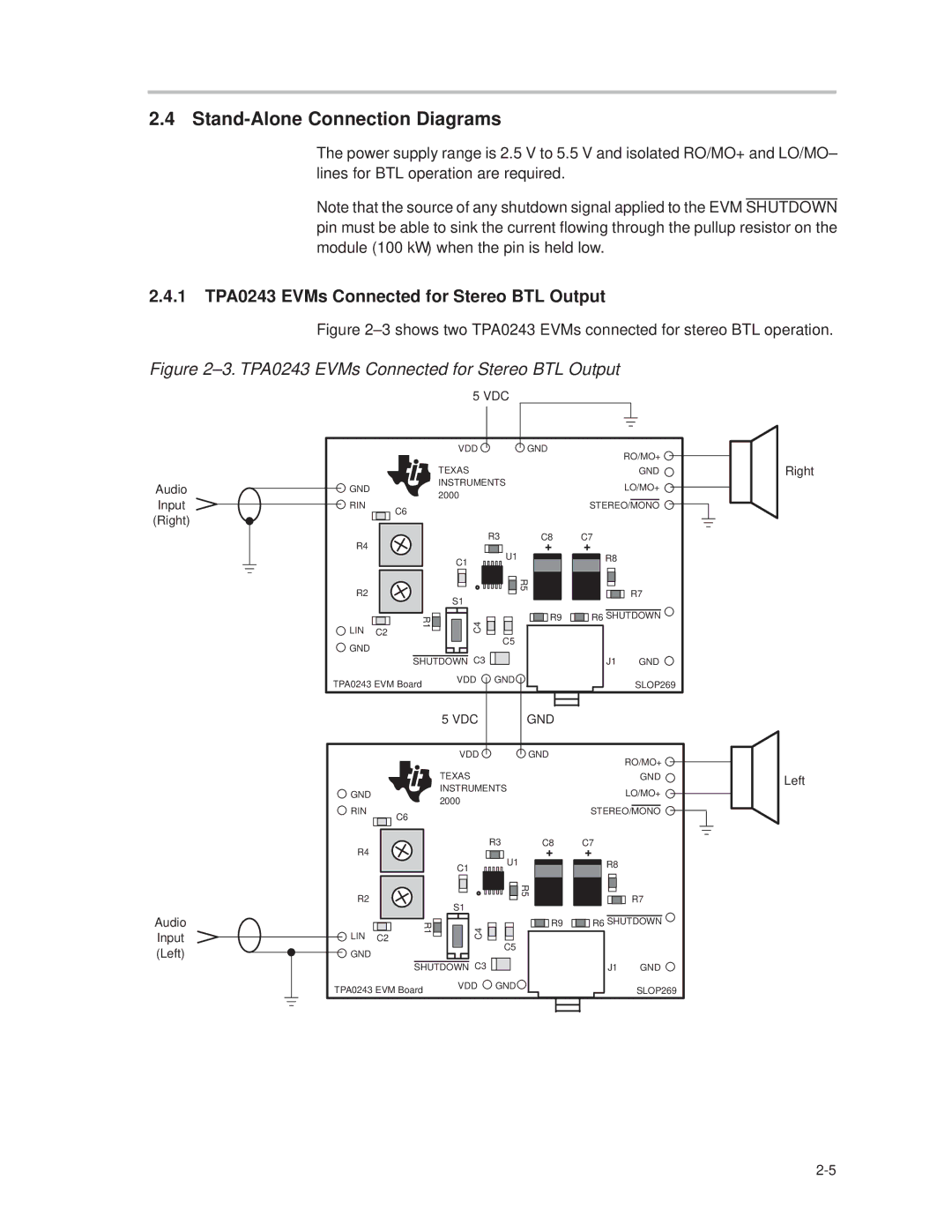 Texas Instruments manual Stand-Alone Connection Diagrams, 1 TPA0243 EVMs Connected for Stereo BTL Output 