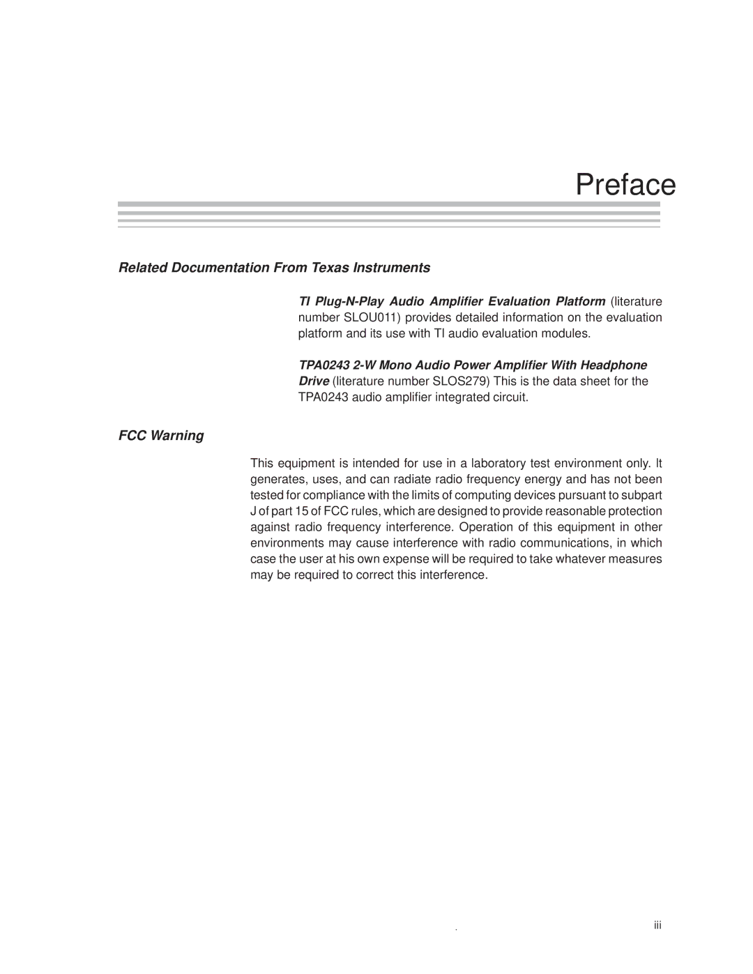 Texas Instruments TPA0243 manual Preface, Related Documentation From Texas Instruments 