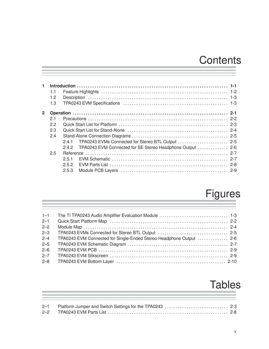 Texas Instruments TPA0243 manual Contents, Tables 