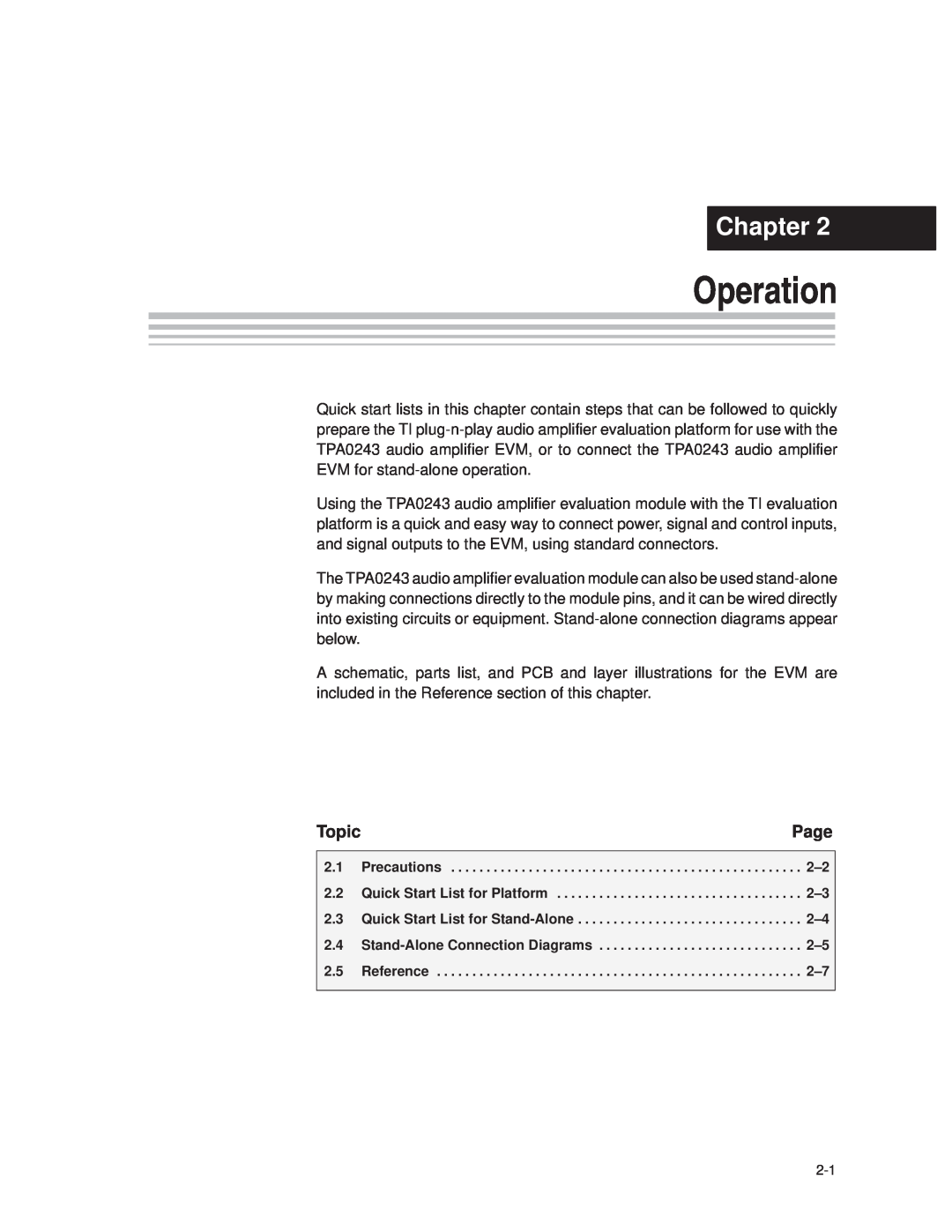 Texas Instruments TPA0243 manual Operation, Chapter, Page, Topic 