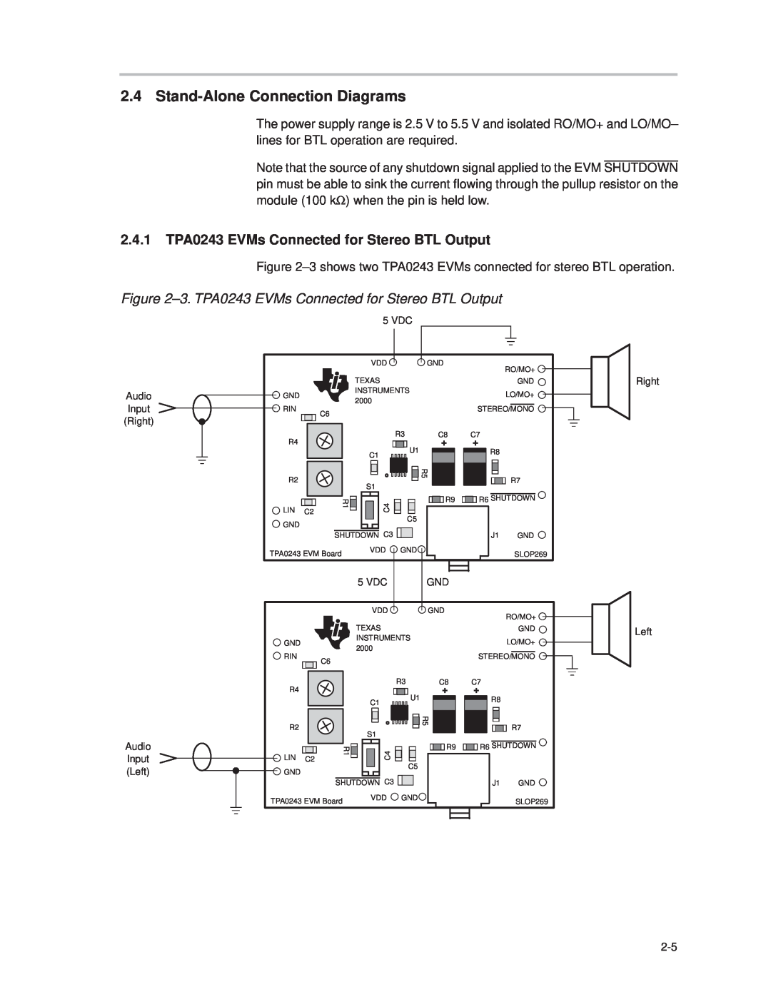 Texas Instruments manual Stand-AloneConnection Diagrams, 2.4.1TPA0243 EVMs Connected for Stereo BTL Output 