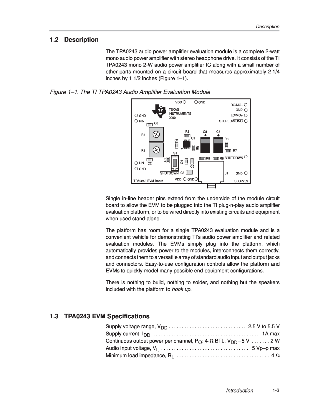 Texas Instruments manual Description, 1.3 TPA0243 EVM Specifications, Introduction 