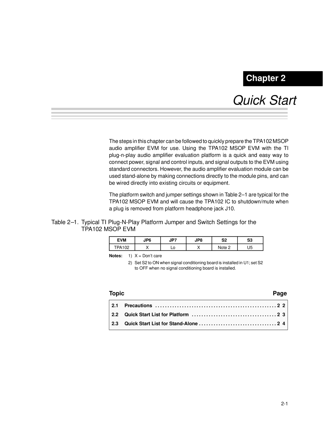 Texas Instruments TPA102 MSOP manual Quick Start, EVM JP6 JP7 JP8 