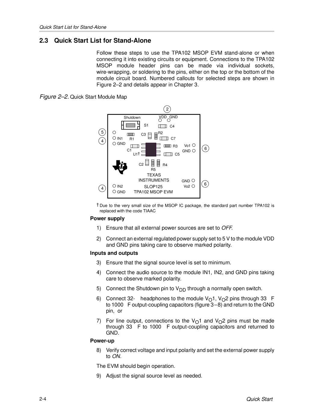 Texas Instruments TPA102 MSOP manual Quick Start List for Stand-Alone, Quick Start Module Map 