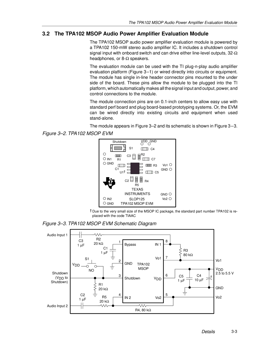 Texas Instruments TPA102 MSOP manual TPA102 Msop Audio Power Amplifier Evaluation Module, TPA102 Msop EVM 