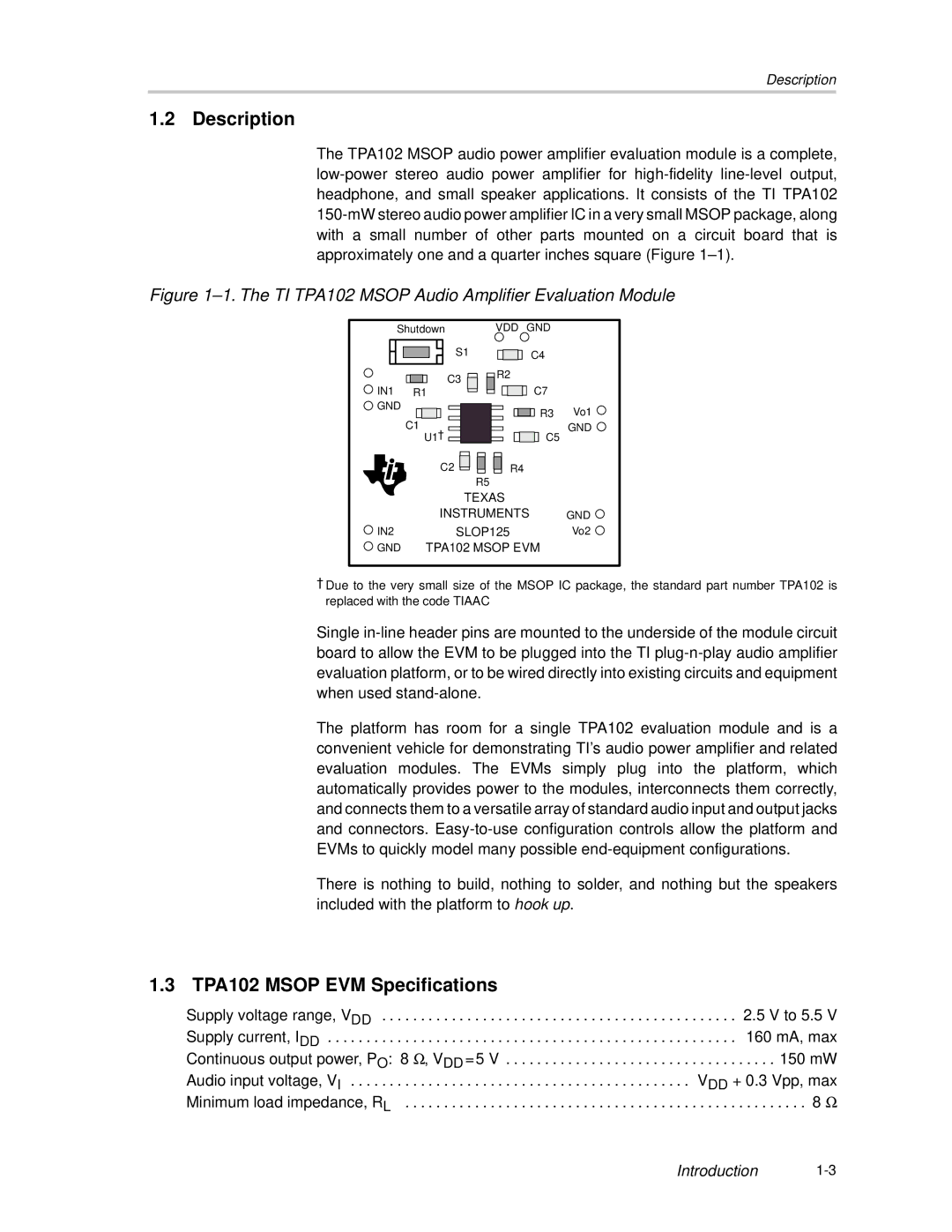 Texas Instruments TPA102 MSOP manual Description, TPA102 Msop EVM Specifications 