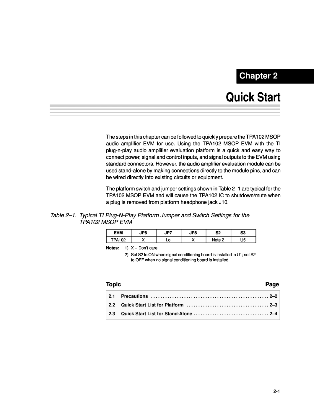 Texas Instruments TPA102 MSOP manual Chapter, Page, Topic, Precautions, Quick Start List for Platform 