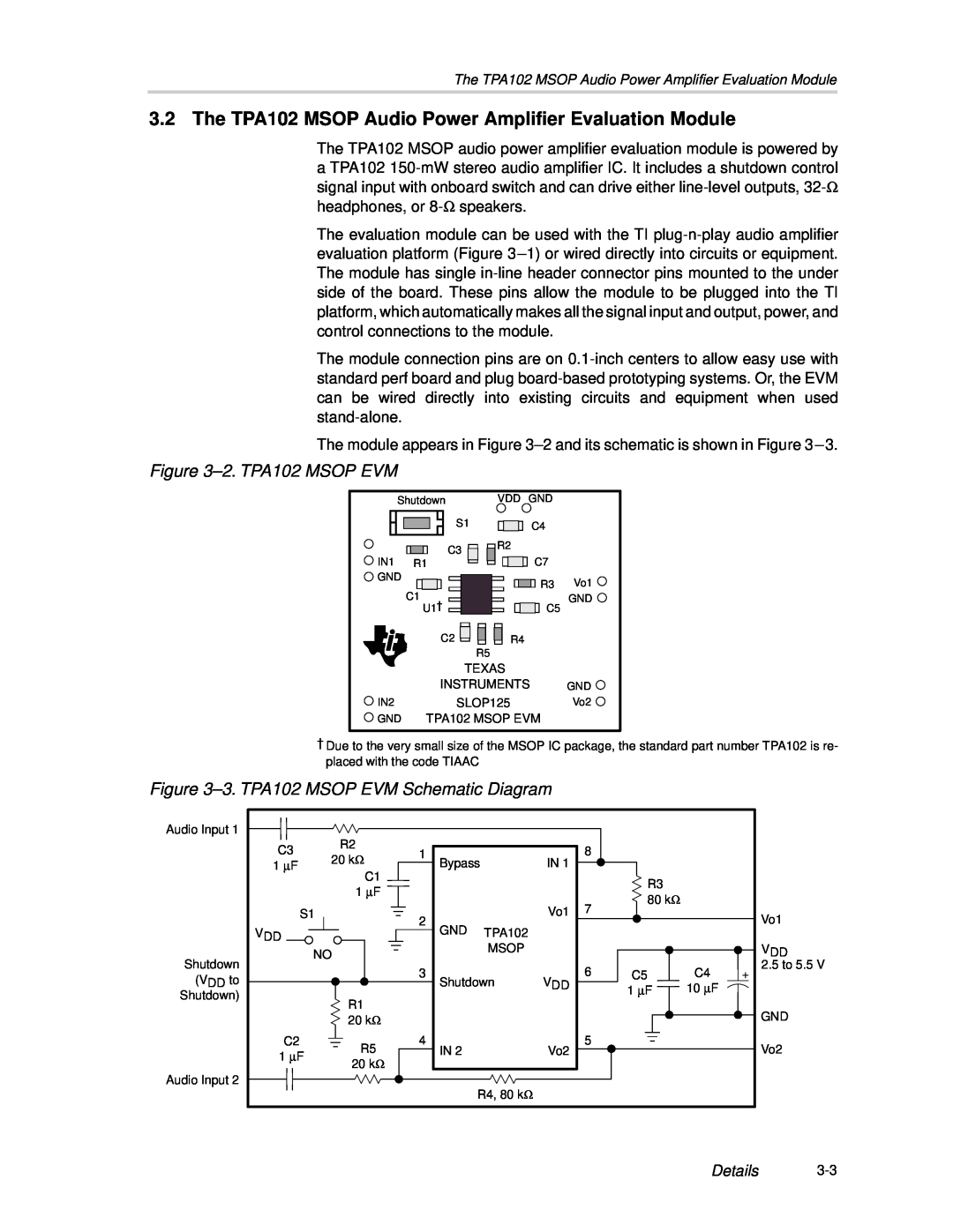 Texas Instruments manual 2.TPA102 MSOP EVM, 3.TPA102 MSOP EVM Schematic Diagram, Details 