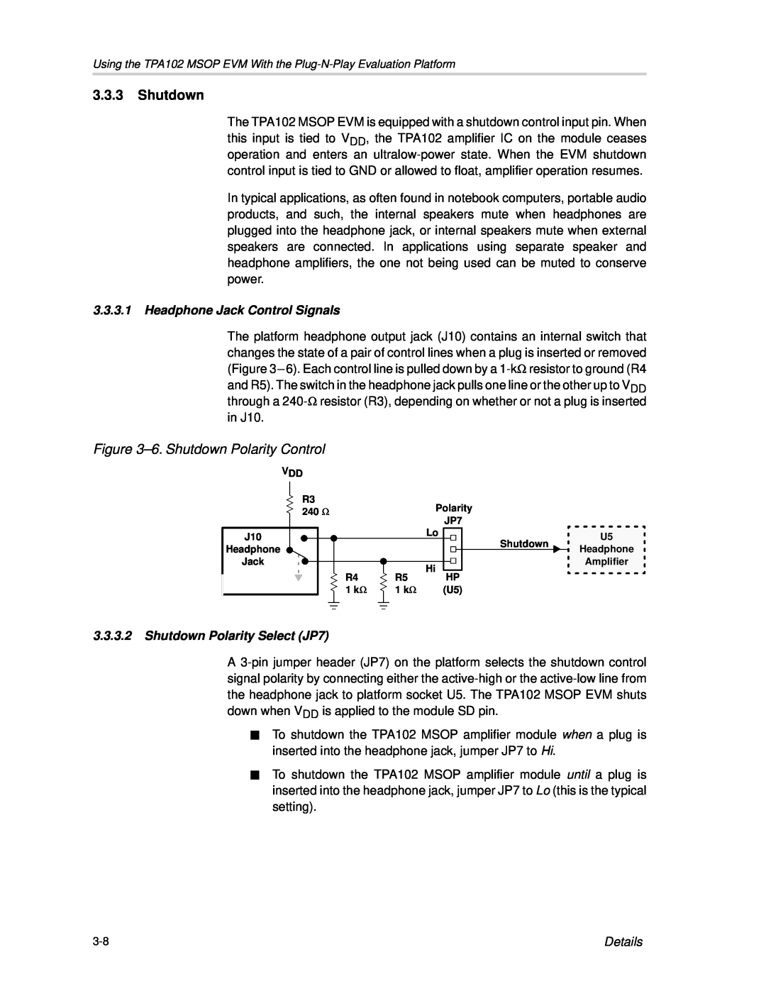 Texas Instruments TPA102 MSOP manual 3.3.3Shutdown, 6.Shutdown Polarity Control, Details 