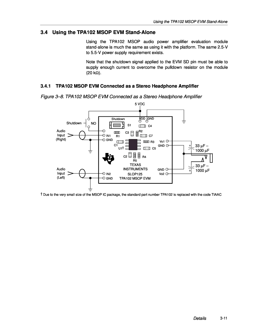 Texas Instruments manual Using the TPA102 MSOP EVM Stand-Alone, Details 