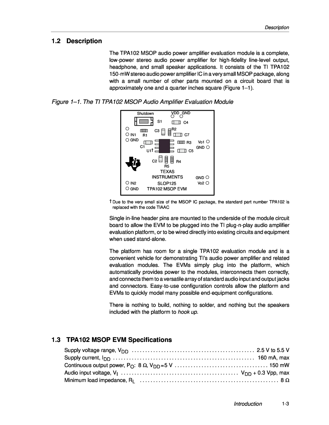 Texas Instruments manual Description, 1.3 TPA102 MSOP EVM Specifications, Introduction 