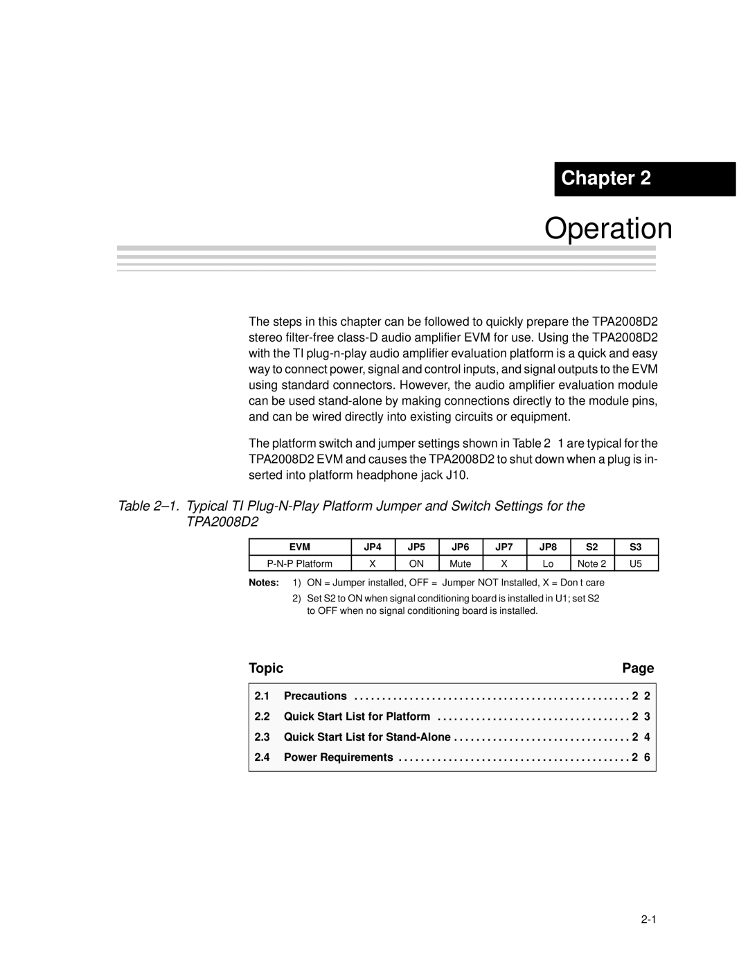 Texas Instruments TPA2008D2 manual Operation, EVM JP4 JP5 JP6 JP7 JP8 