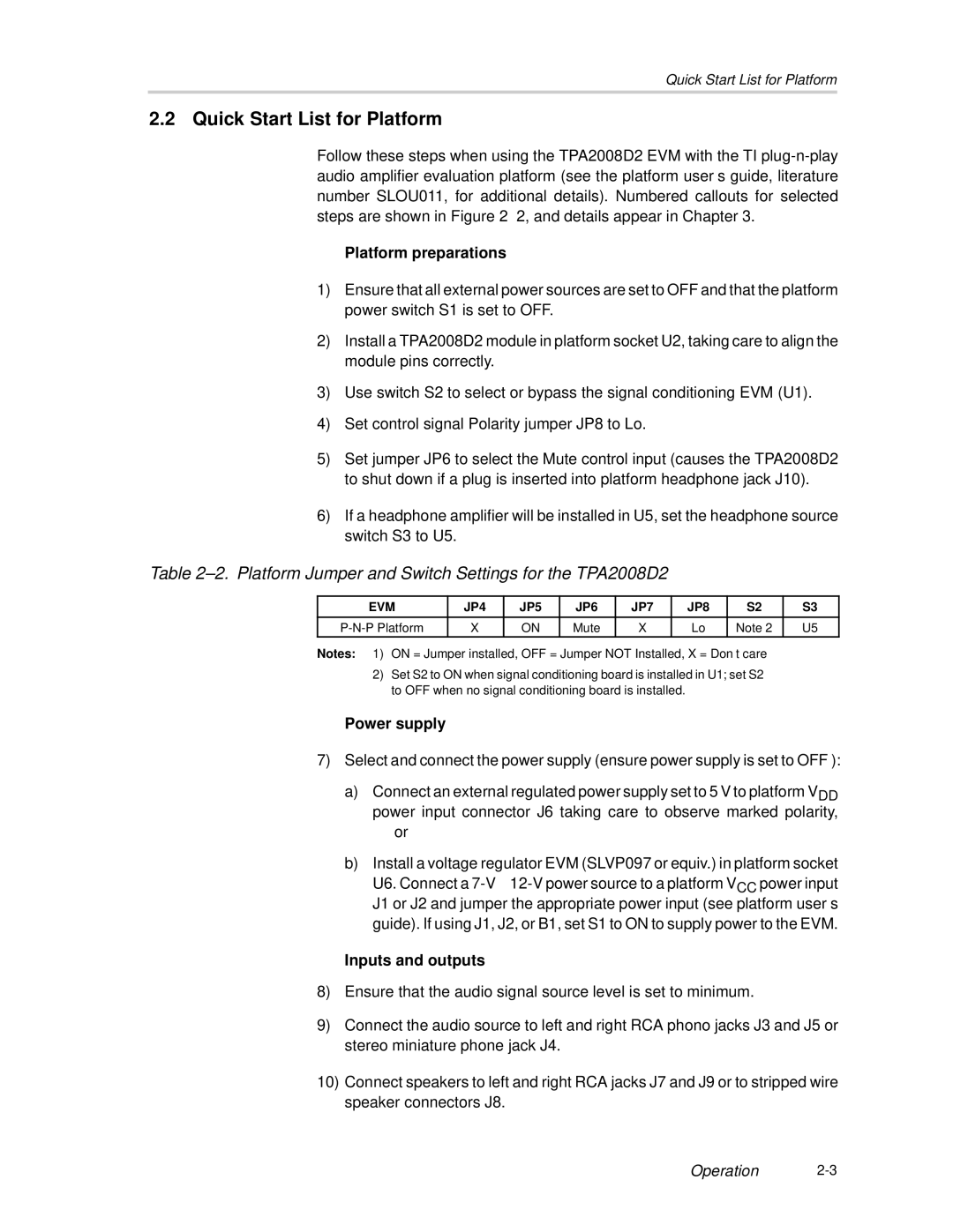 Texas Instruments TPA2008D2 manual Quick Start List for Platform, Platform preparations 