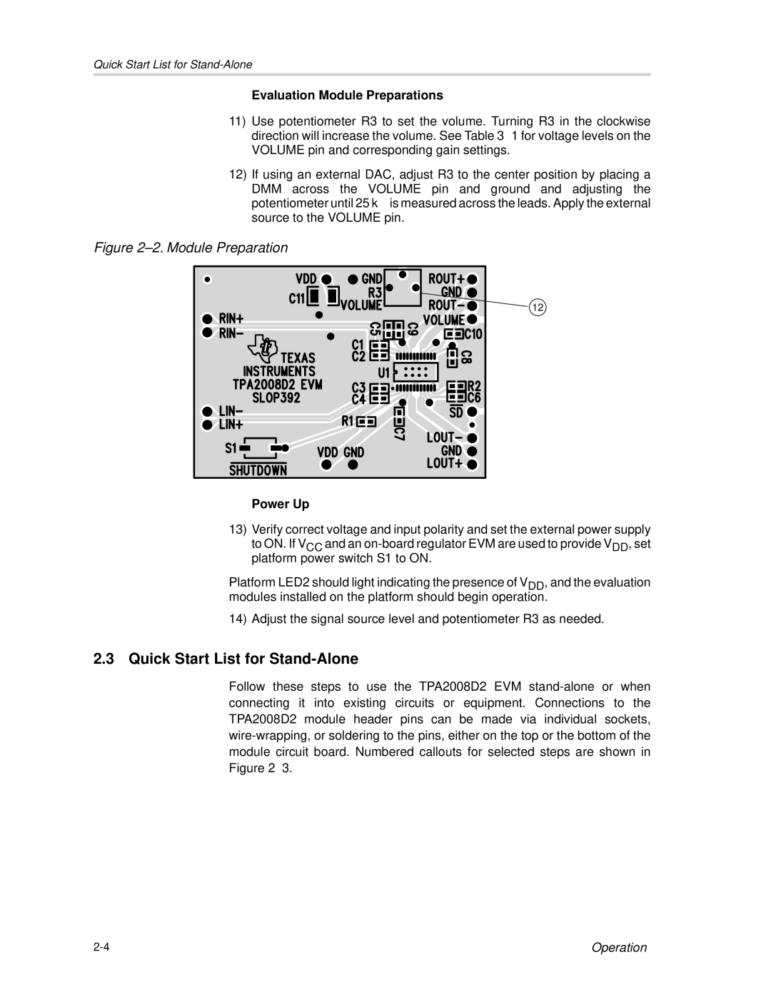 Texas Instruments TPA2008D2 manual Quick Start List for Stand-Alone, Evaluation Module Preparations 