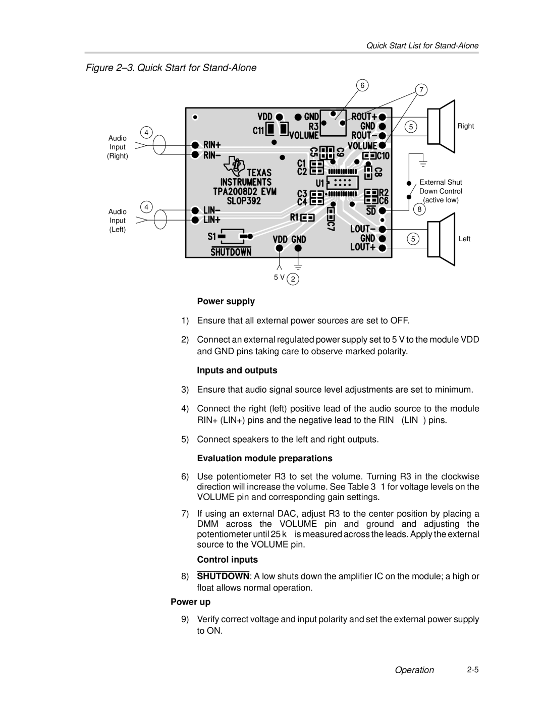 Texas Instruments TPA2008D2 manual Quick Start for Stand-Alone 