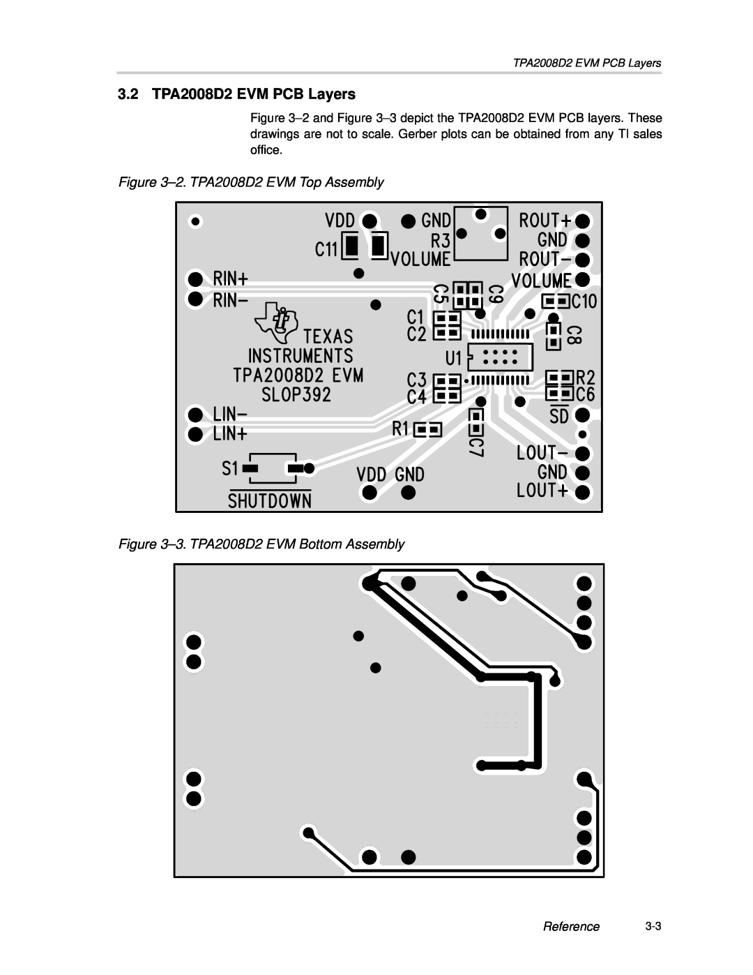 Texas Instruments manual 3.2 TPA2008D2 EVM PCB Layers, 2.TPA2008D2 EVM Top Assembly, 3.TPA2008D2 EVM Bottom Assembly 