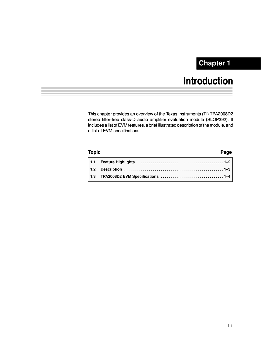 Texas Instruments TPA2008D2 manual Introduction, Chapter, Page, Topic 