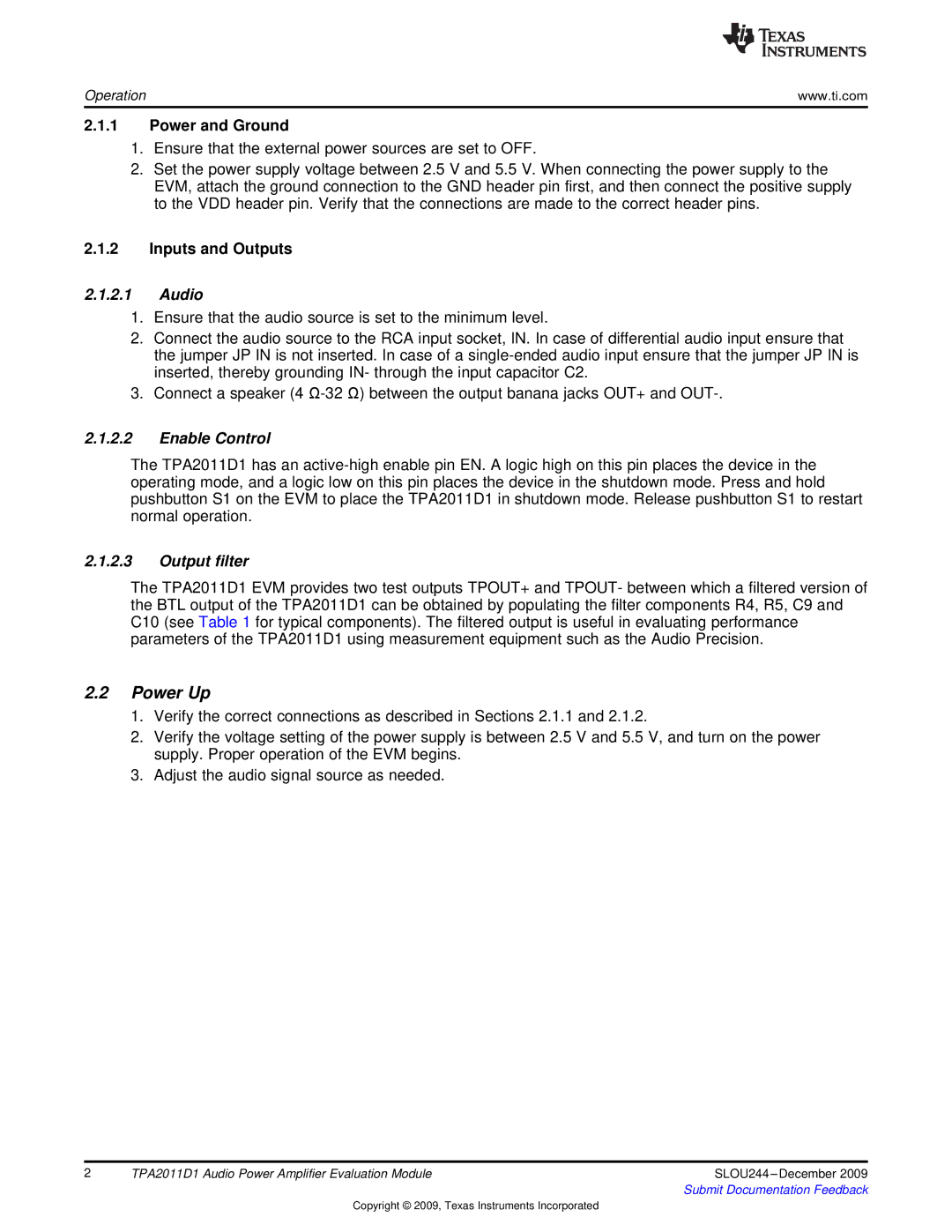 Texas Instruments TPA2011D1 quick start Power Up, Power and Ground, Inputs and Outputs 