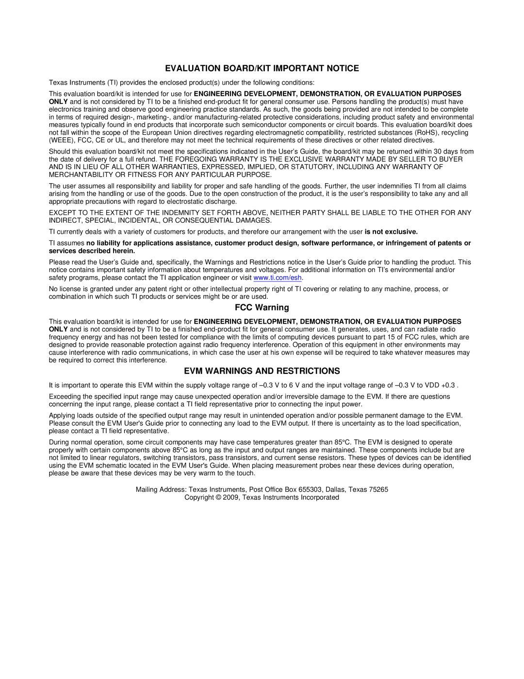 Texas Instruments TPA2028D1YZFEVM manual Evaluation BOARD/KIT Important Notice, FCC Warning 