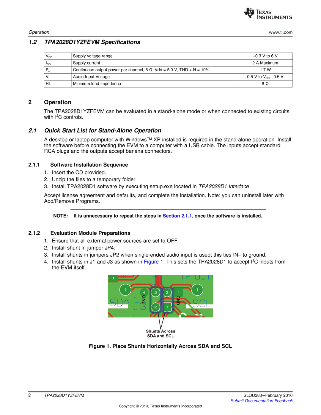 Texas Instruments TPA2028D1YZFEVM manual Operation, Software Installation Sequence, Evaluation Module Preparations 