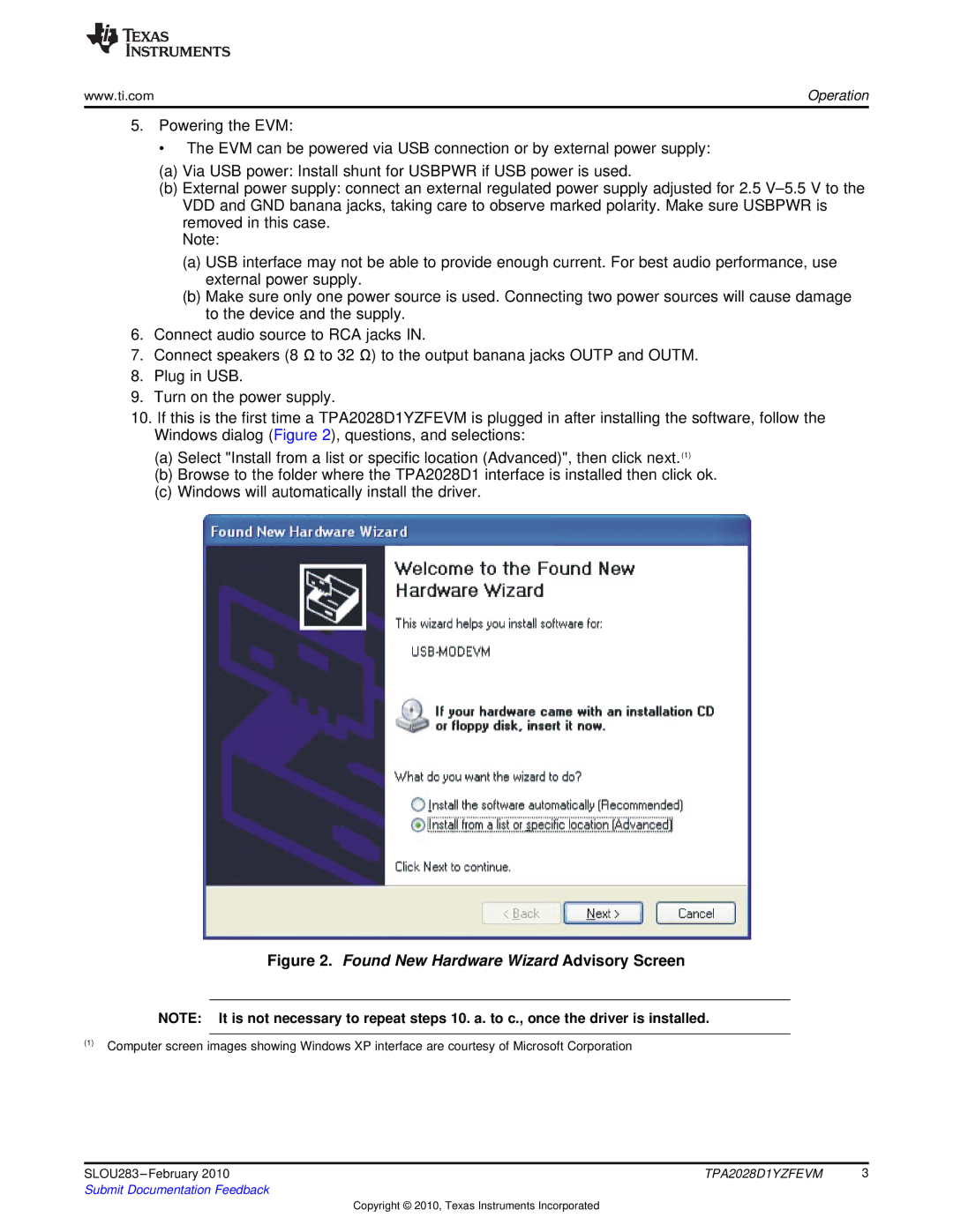 Texas Instruments TPA2028D1YZFEVM manual Found New Hardware Wizard Advisory Screen 