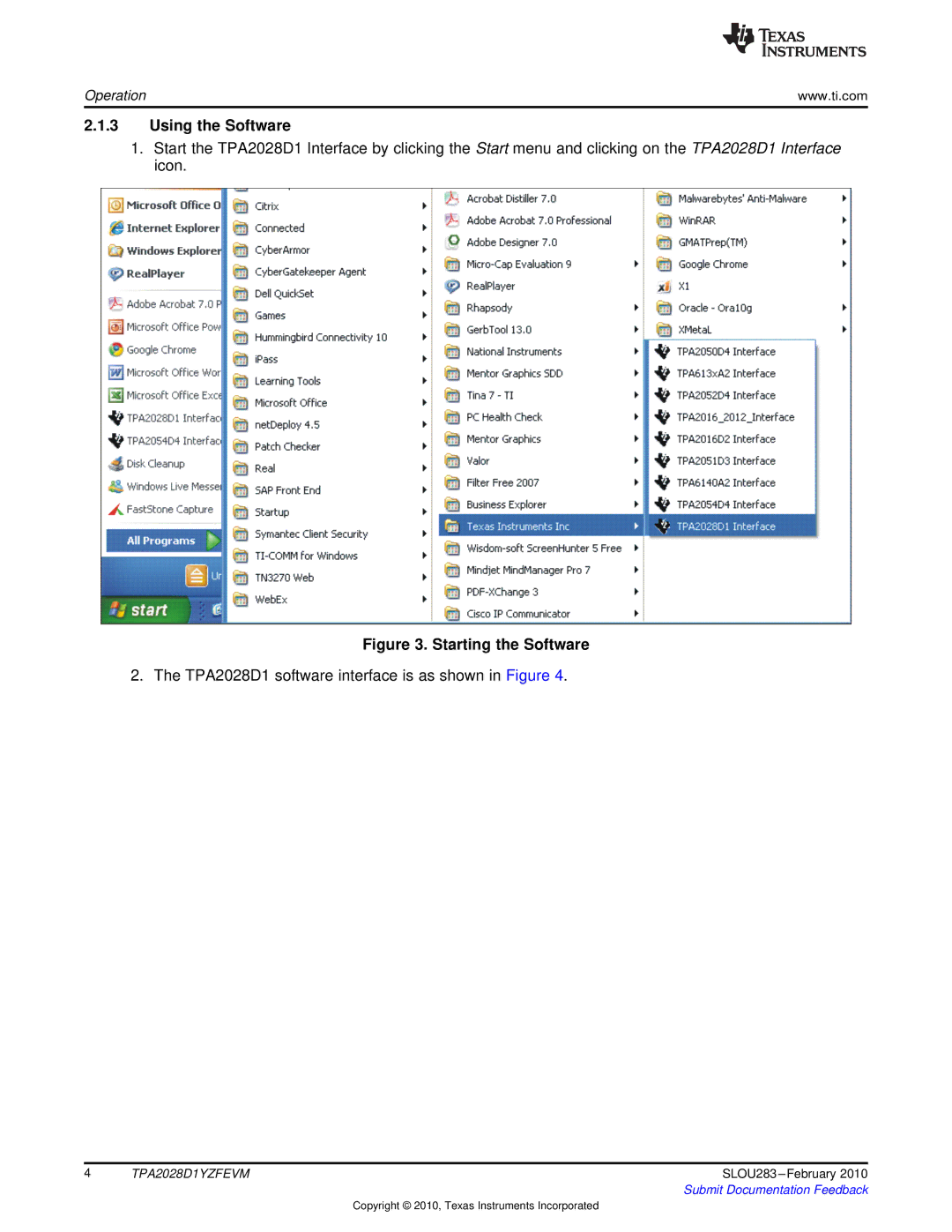 Texas Instruments TPA2028D1YZFEVM manual Using the Software, Starting the Software 