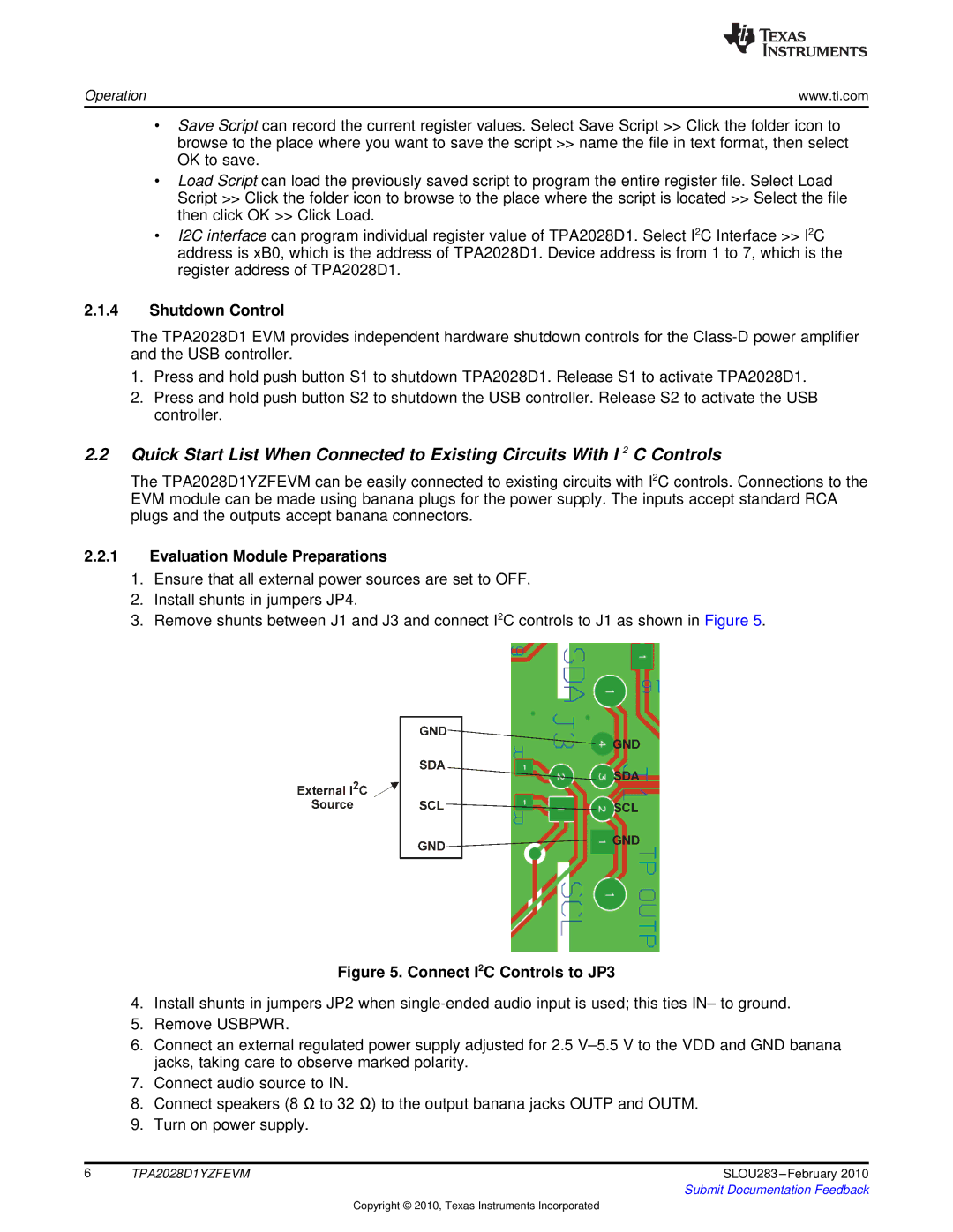 Texas Instruments TPA2028D1YZFEVM manual Shutdown Control, Connect I2C Controls to JP3 
