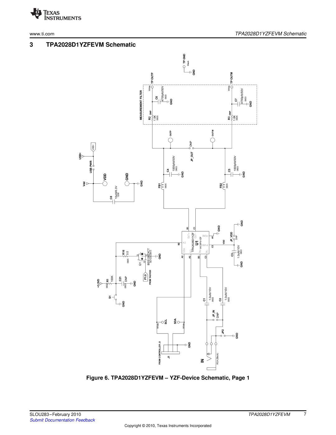 Texas Instruments manual TPA2028D1YZFEVM Schematic, TPA2028D1YZFEVM YZF-Device Schematic 