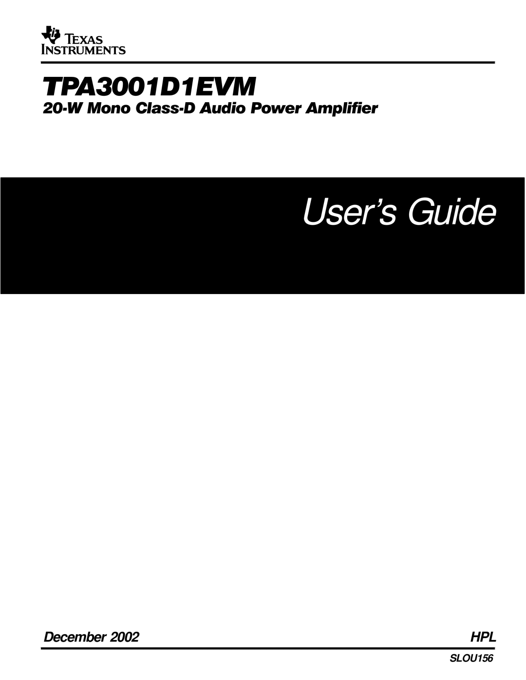 Texas Instruments TPA3001D1EVM manual User’s Guide 