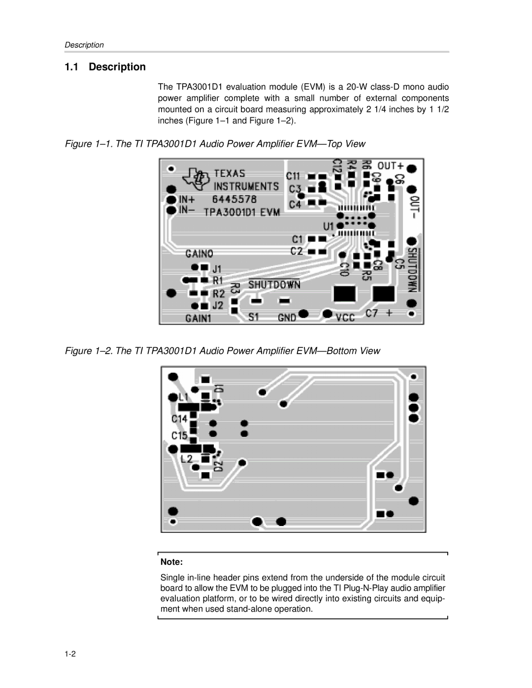 Texas Instruments TPA3001D1EVM manual Description, TI TPA3001D1 Audio Power Amplifier EVM-Top View 