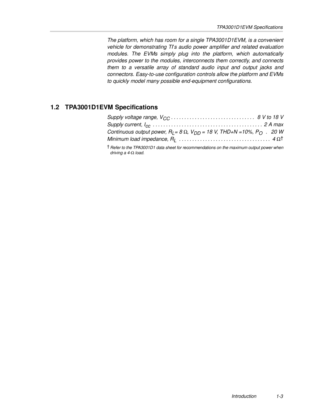 Texas Instruments manual TPA3001D1EVM Specifications 