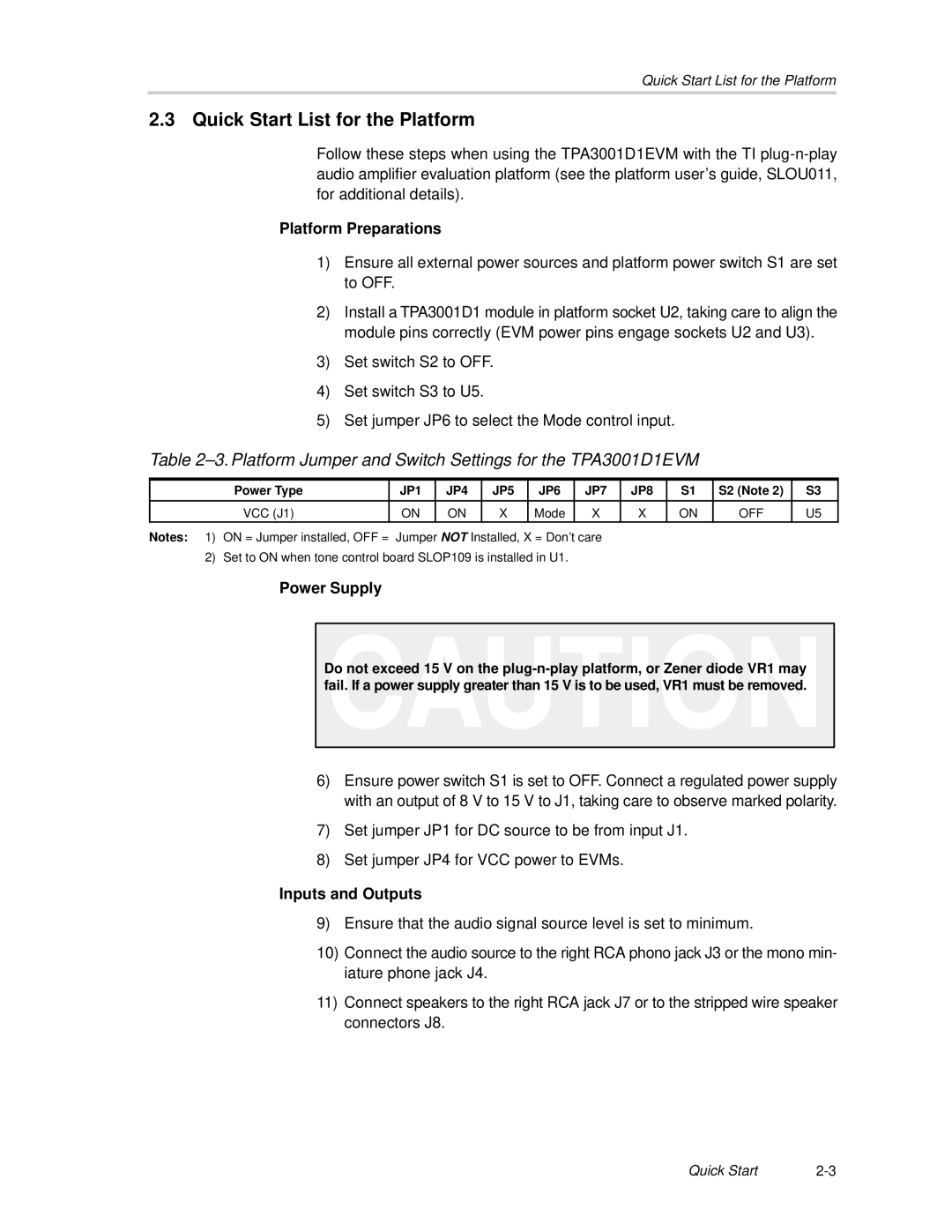 Texas Instruments TPA3001D1EVM Quick Start List for the Platform, Platform Preparations, Power Supply, Inputs and Outputs 