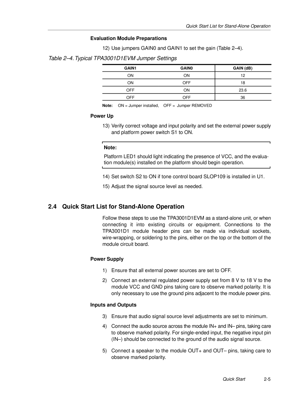 Texas Instruments TPA3001D1EVM manual Quick Start List for Stand-Alone Operation, Evaluation Module Preparations, Power Up 