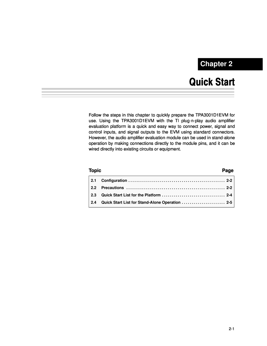 Texas Instruments TPA3001D1EVM manual Quick Start, Chapter, Page, Topic 