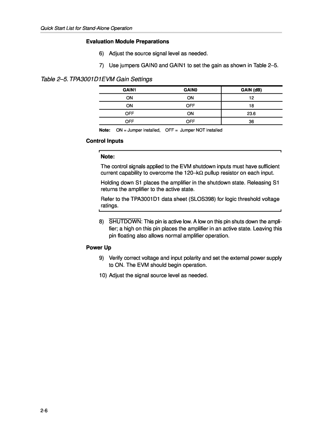 Texas Instruments manual 5.TPA3001D1EVM Gain Settings, Evaluation Module Preparations, Control Inputs, Power Up 