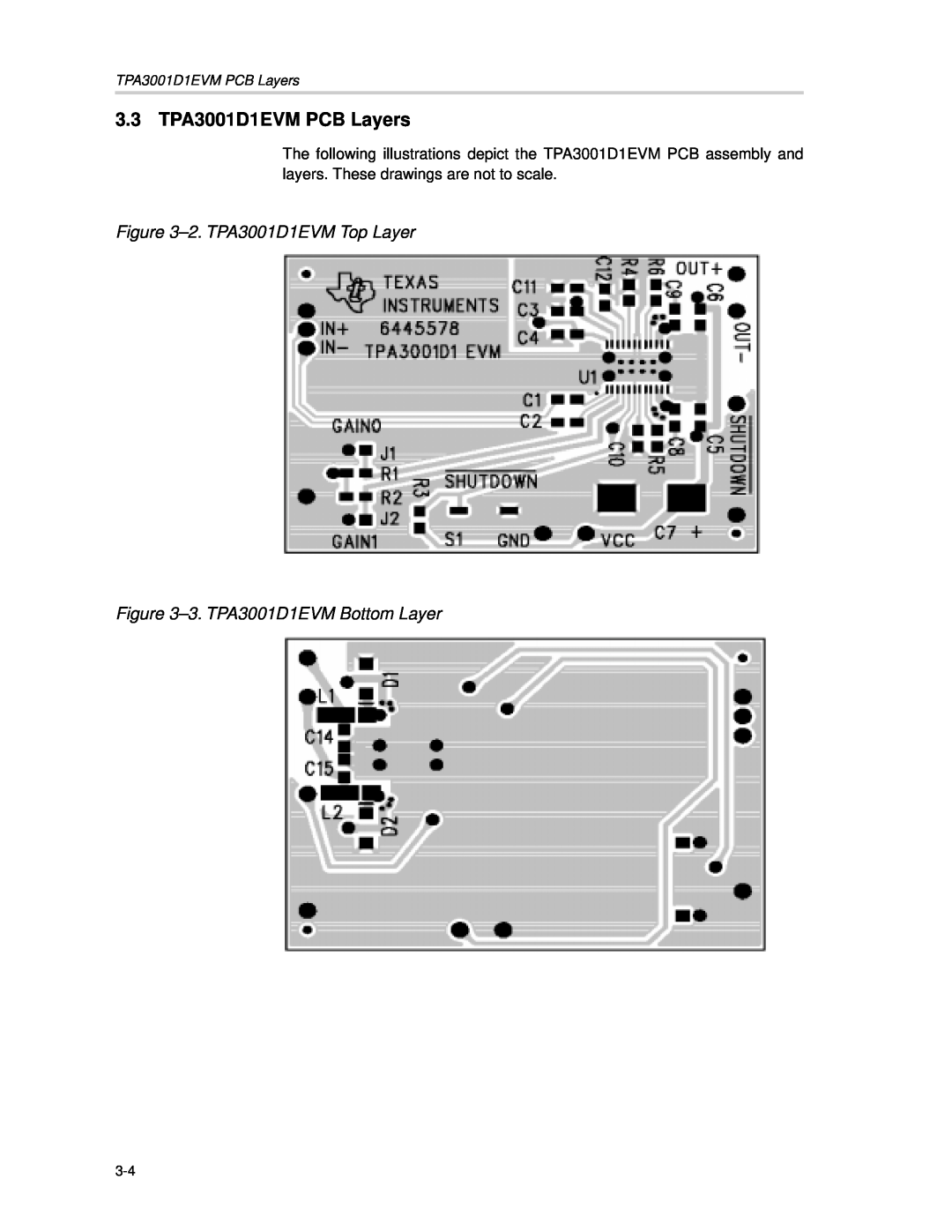 Texas Instruments manual 3.3 TPA3001D1EVM PCB Layers, 2.TPA3001D1EVM Top Layer, 3.TPA3001D1EVM Bottom Layer 