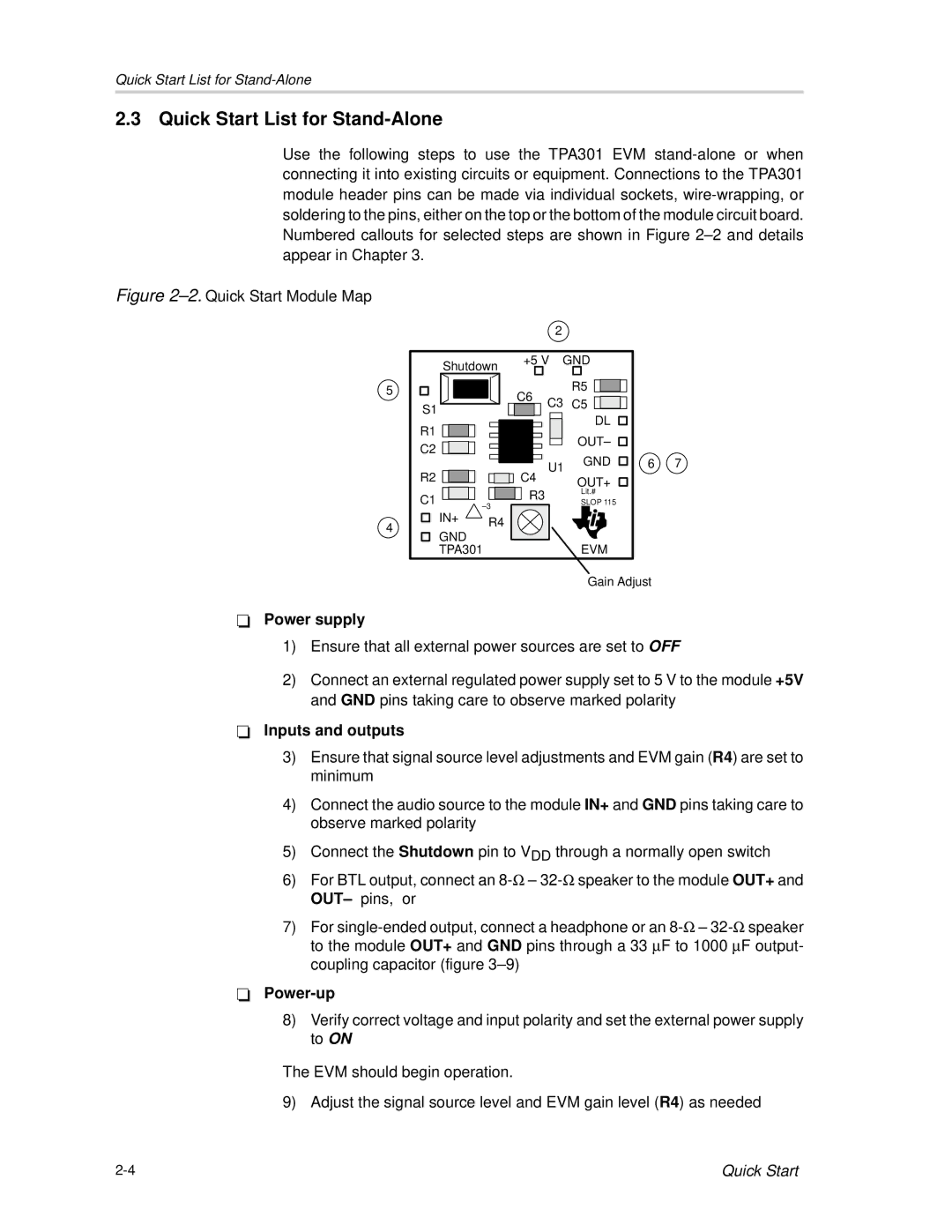 Texas Instruments TPA301 manual Quick Start List for Stand-Alone, Quick Start Module Map 