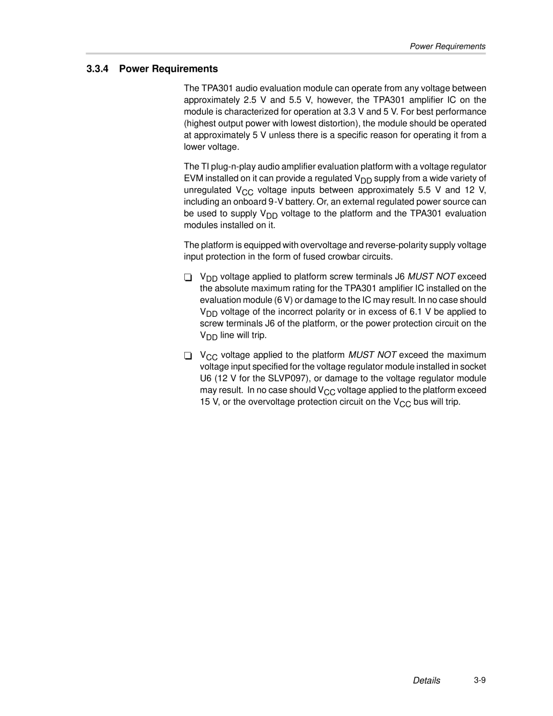 Texas Instruments TPA301 manual Power Requirements 