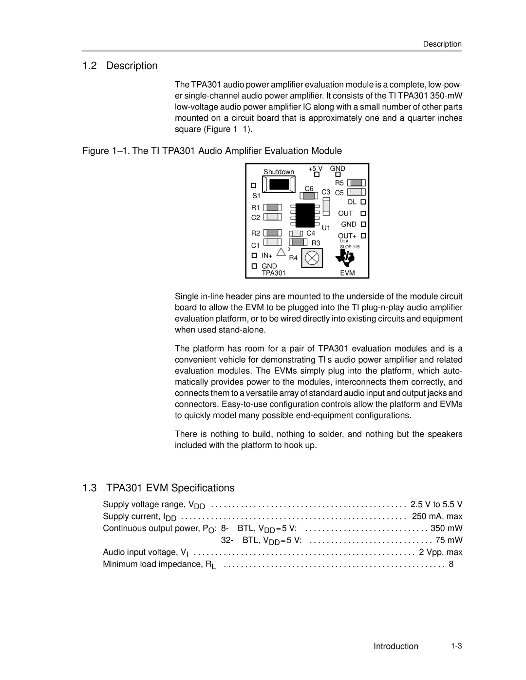 Texas Instruments manual Description, TPA301 EVM Specifications 