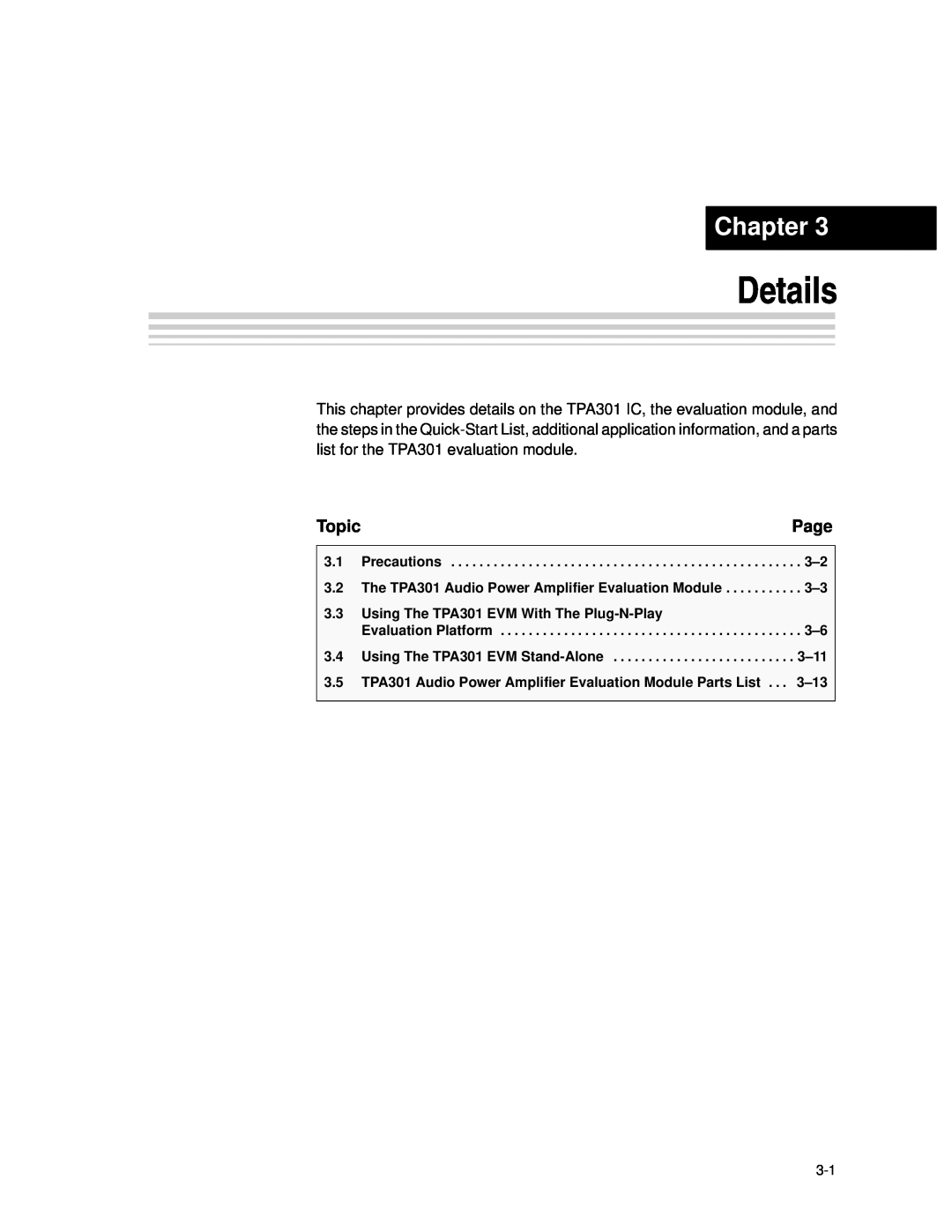 Texas Instruments TPA301 manual Details, Chapter, Page, Topic 