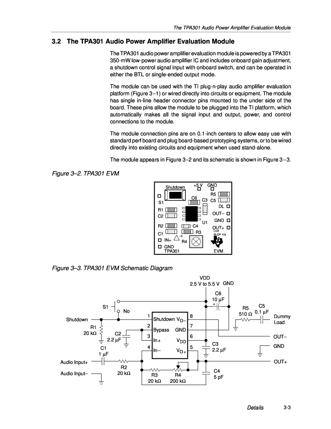Texas Instruments manual 2.TPA301 EVM, 3.TPA301 EVM Schematic Diagram, Details 