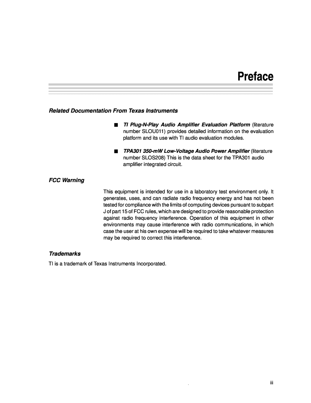 Texas Instruments TPA301 manual Preface, Related Documentation FromJTexas Instruments, FCC Warning, Trademarks 