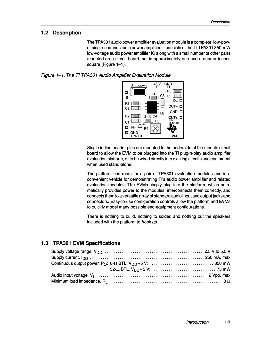 Texas Instruments manual Description, 1.3 TPA301 EVM Specifications, Introduction 