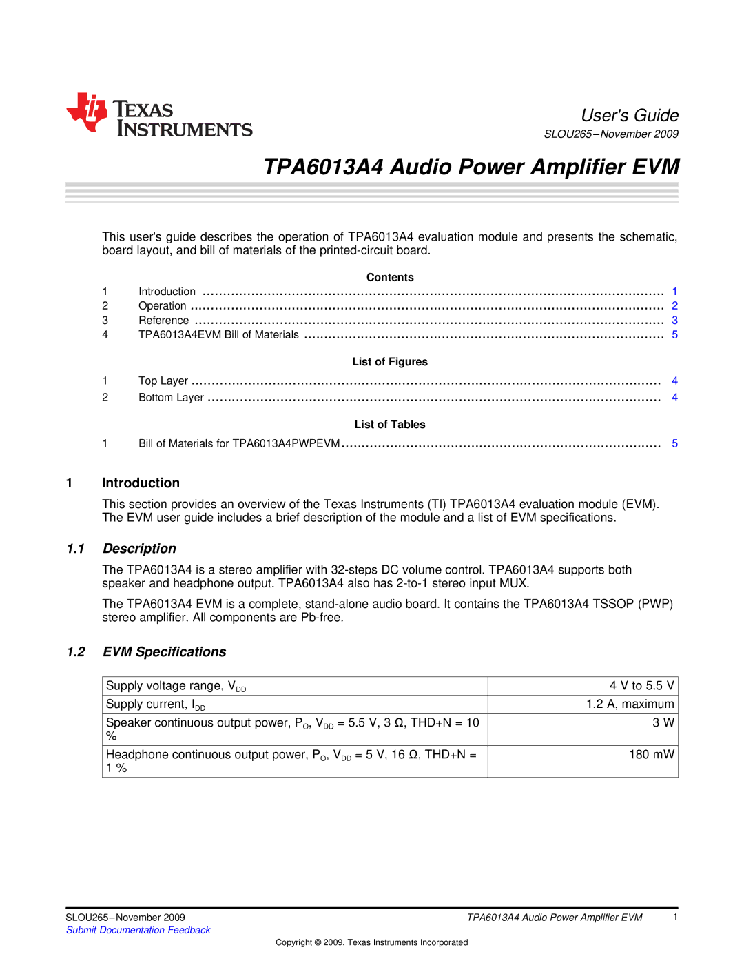 Texas Instruments TPA6013A4 specifications Introduction, Description, EVM Specifications 