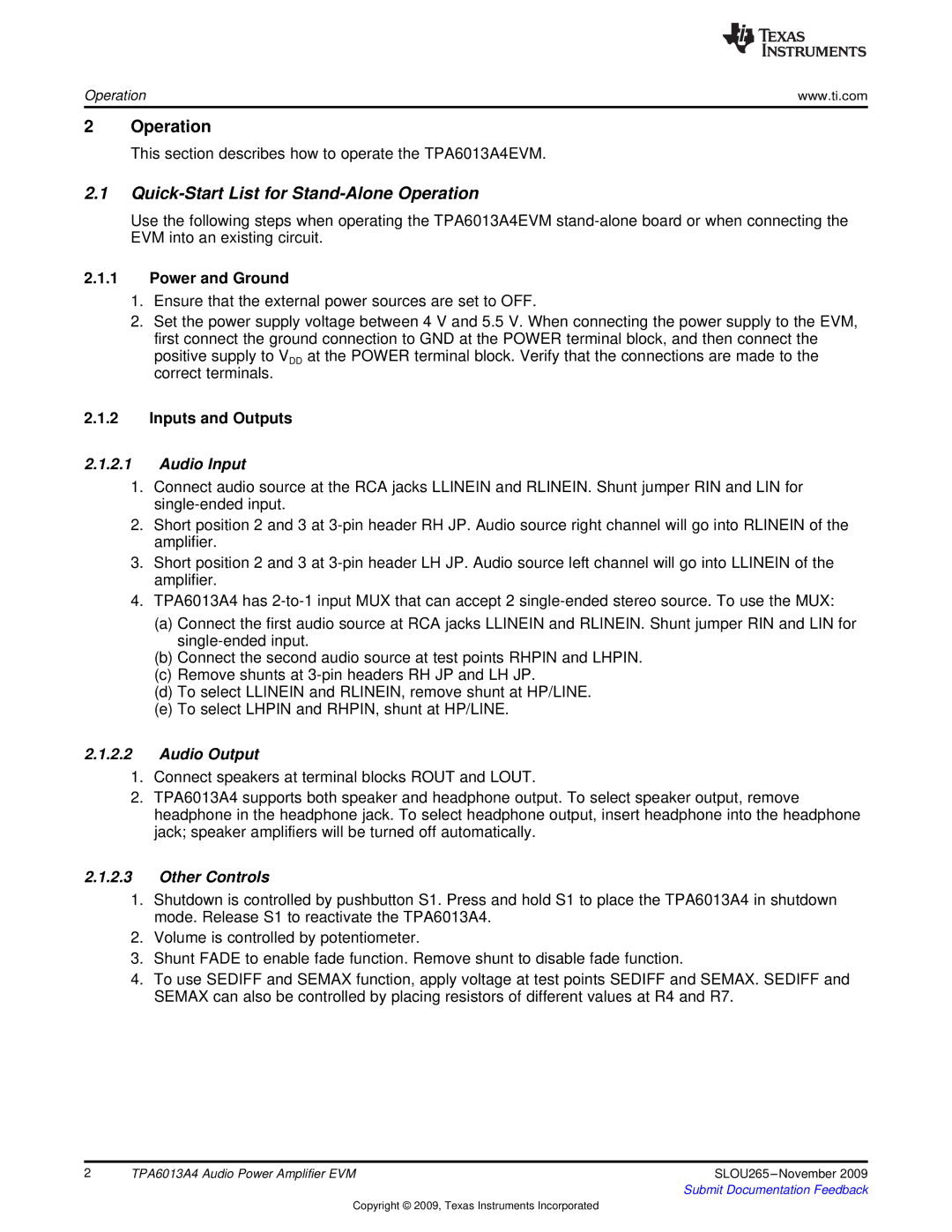 Texas Instruments TPA6013A4 Quick-Start List for Stand-Alone Operation, Power and Ground, Inputs and Outputs 