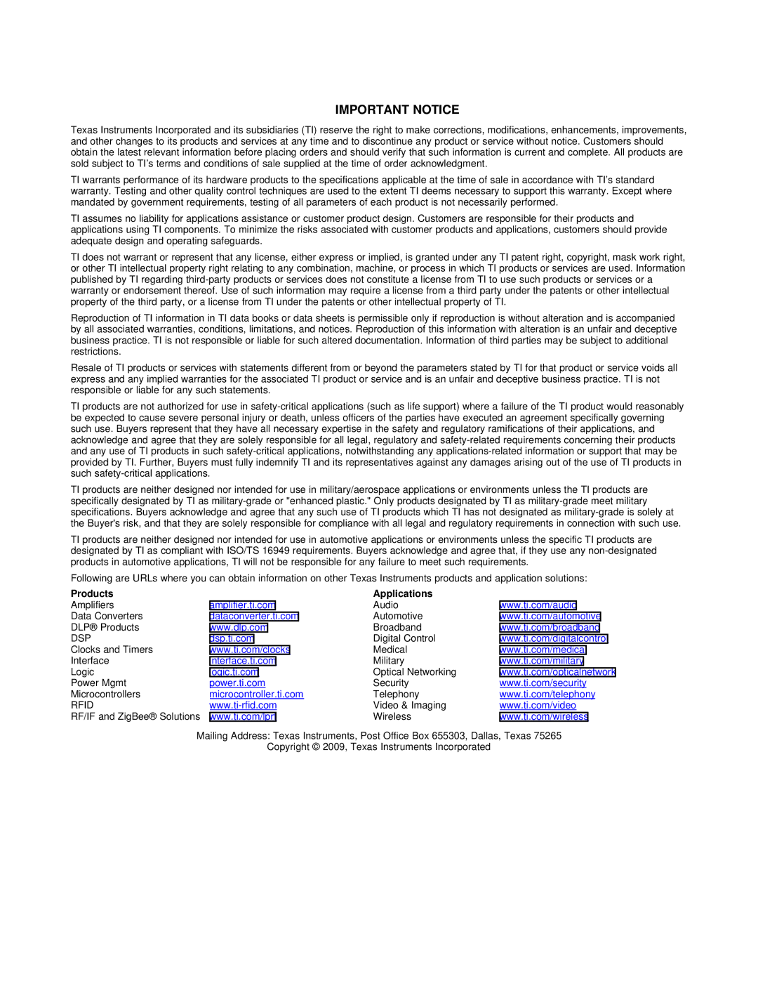 Texas Instruments TPA6013A4 specifications Important Notice, Products Applications 