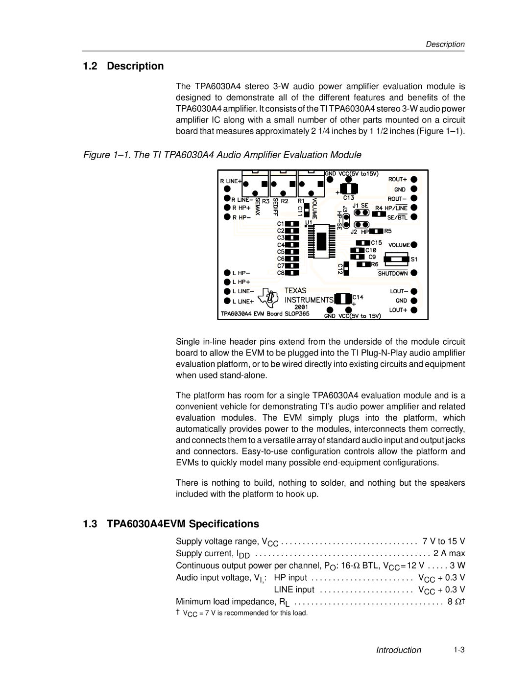 Texas Instruments manual Description, TPA6030A4EVM Specifications 