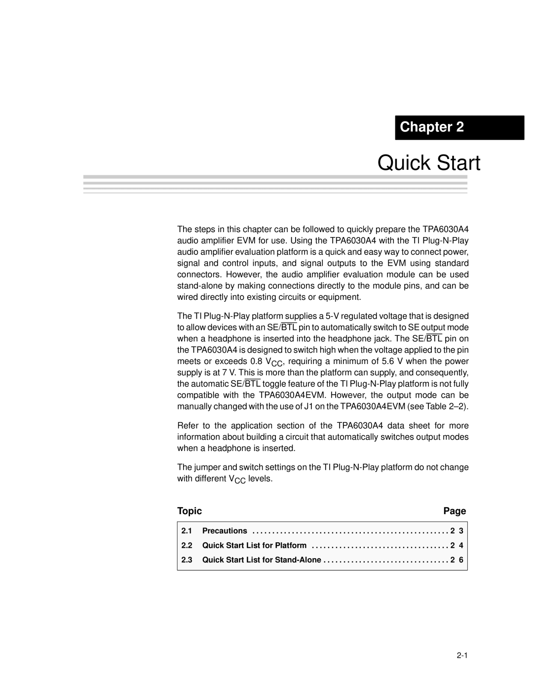 Texas Instruments TPA6030A4 manual Quick Start 